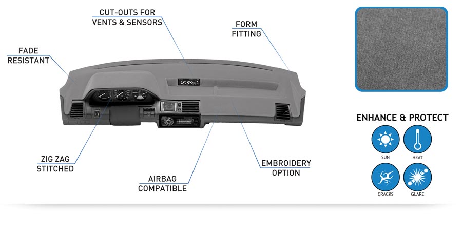 Spec Diagram for Velour Dash Cover. Fade resistant; Cut-outs for vents & sensors; Form fitting; Zig zag stitched; Airbag compatible; Embroidery option; Enhance & protect from sun, heat, cracks, glare.