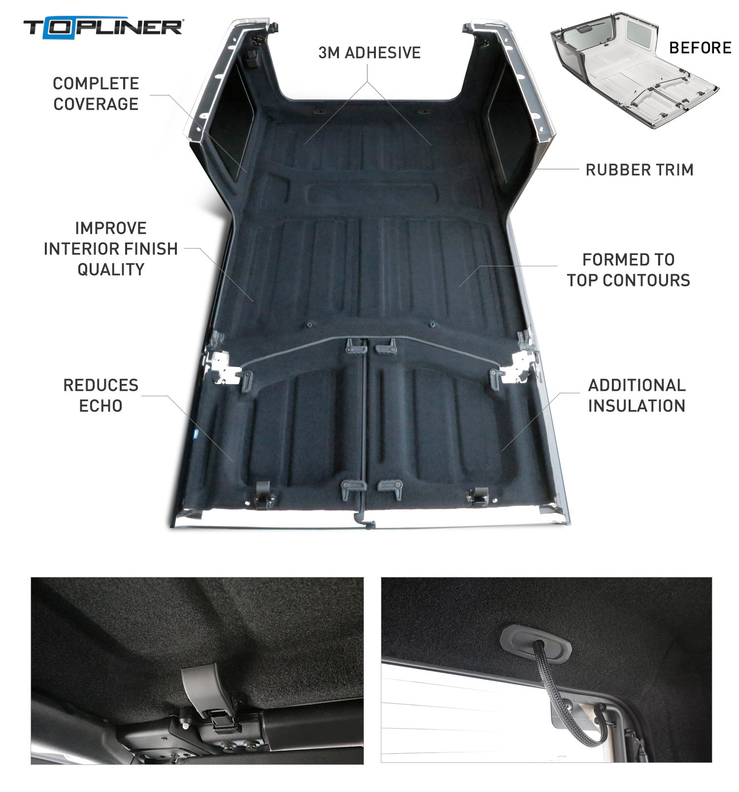 Topliner. Complete coverage; 3M adhesive; Rubber trim; Formed to top contours; Additional insulation; Reduces echo; Improve interior finish quality.