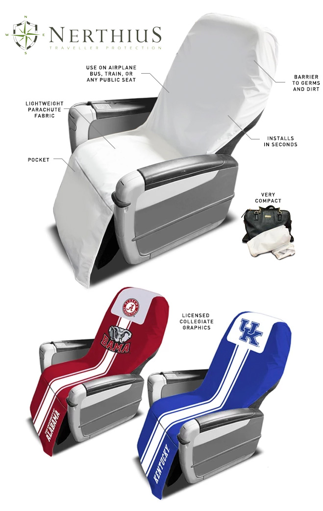 Nerthius Airplane Travel Seat Cover. Use on airplane, bus, train, or any public seat; Barrier to germs and dirt; Install in seconds; Very compact; Pocket; Lightweight parachute fabric